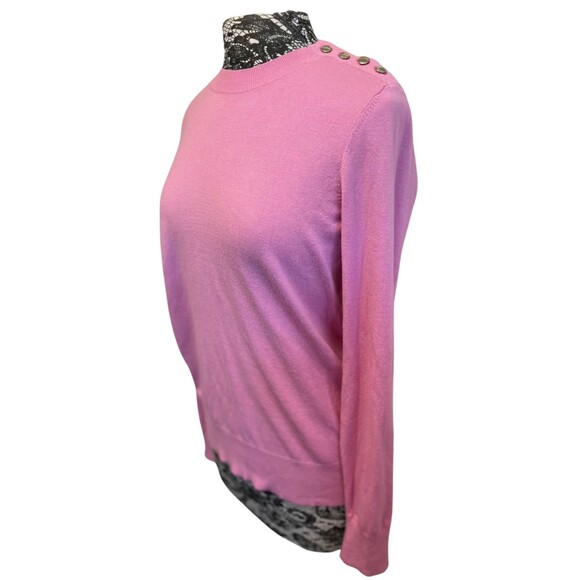 Loft Pink Knit Crew Neck Sweater Gold Buttons Long Sleeve Lightweight Soft‎ M - Picture 14 of 16